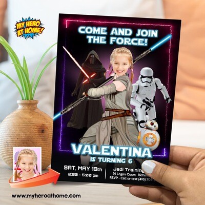 Girl May the Force Party invitation with photo, Jedi Rey birthday Invitation with photo, Jedi Rey template, Girl Star Wars party invite. 842