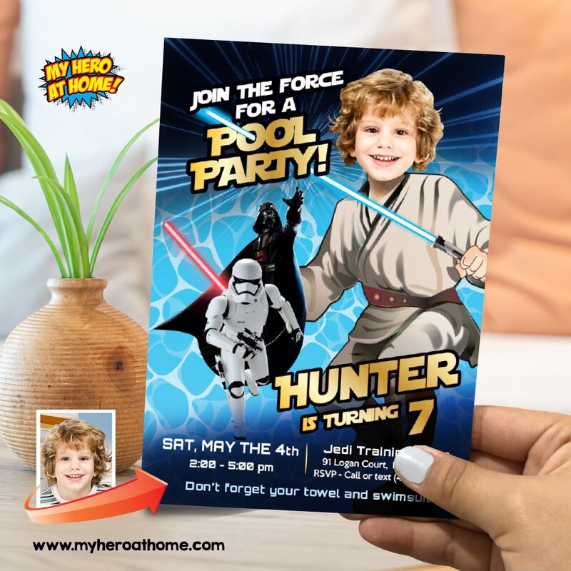 Star Wars Pool Party Invitation template, Jedi Pool Party Invite, Star Wars Splash party, Star Wars Water Slide party, Star Wars online. 849