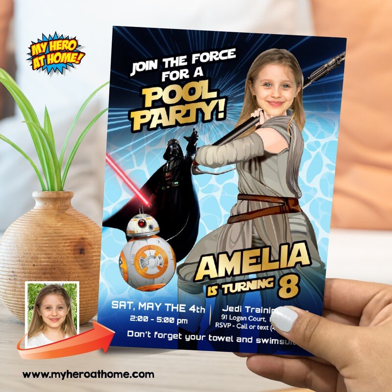 Girl Star Wars Pool Party Invitation, Jedi Rey Pool Party Invite, Star Wars Girl Splash party invitation, Girl Star Wars Water party. 850