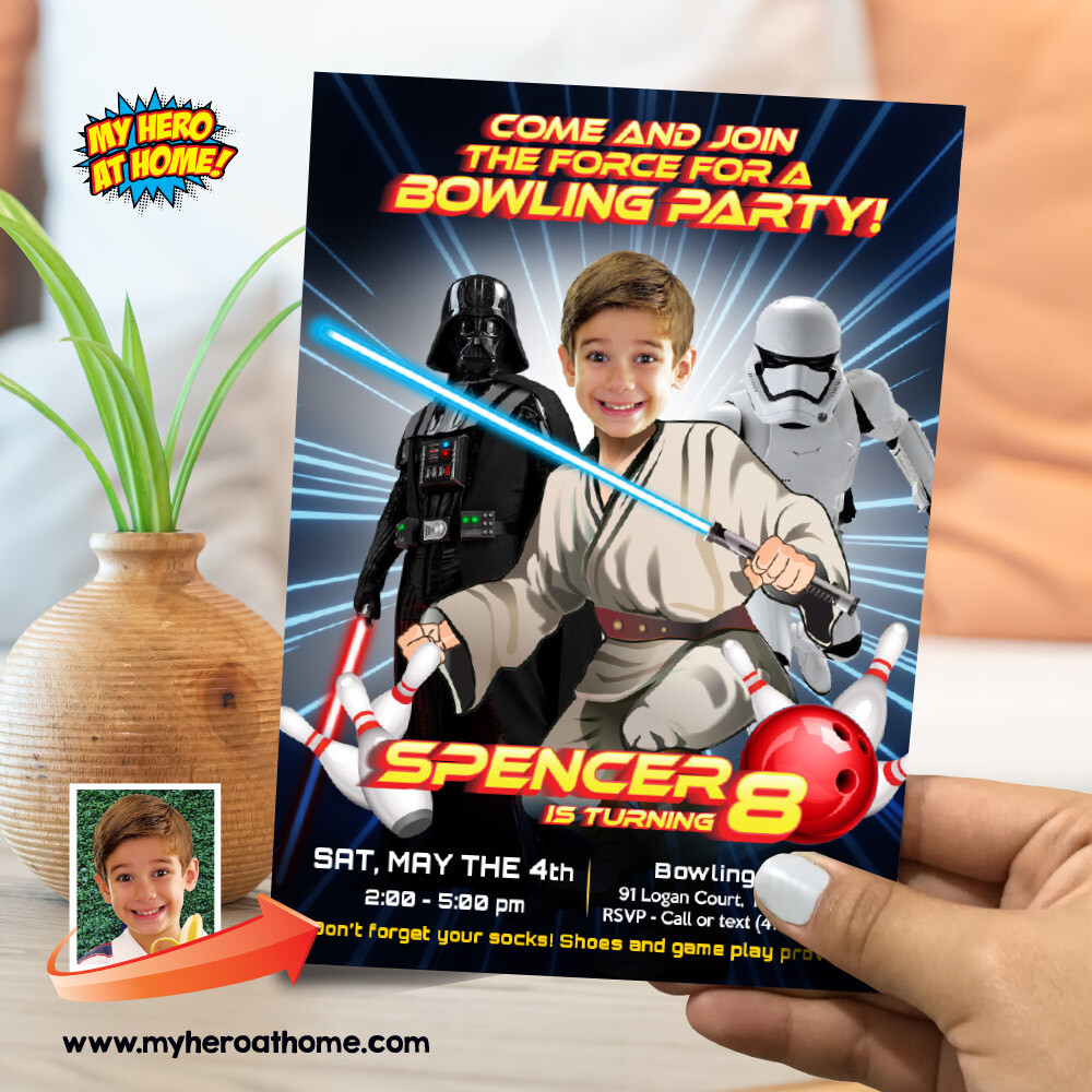 Star Wars Bowling Party Invitation, Jedi Bowling Party Invite, Star Wars Bowling birthday, Star Wars Bowling party template invitation. 851
