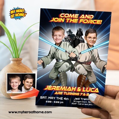 Joint Star Wars Birthday Party Invitation with photos, Joint Jedi Birthday Invitation, Star Wars Siblings Party template invitation. 843