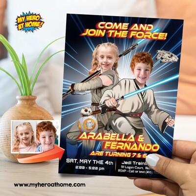 Joint Star Wars birthday Invitation, Star Wars brother and sister party Invitation, Joint Jedi Rey and Luke Skywalker birthday invite. 846