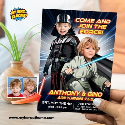 Star Wars Siblings Birthday Party Invitation with photos, Joint Jedi and Darth Vader party Invitation, Siblings Jedi and Darth Vader. 844