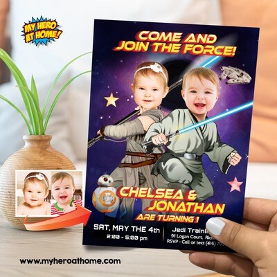 Joint Babies Star Wars birthday Invitation, Star Wars babies 1st party Invitation, Joint Jedi Rey and Luke Skywalker 1st birthday invite. 847
