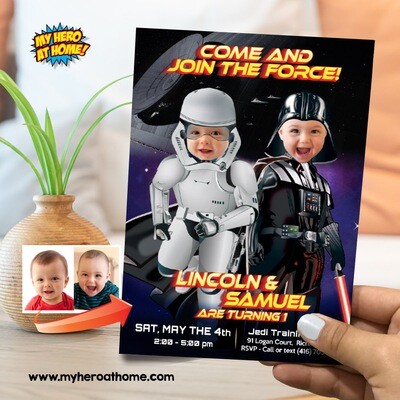 Darth Vader and Storm trooper 1st Birthday Party Invitation, Dark Side Babies Birthday invitation, Joint Babies Dark Side party invite. 848