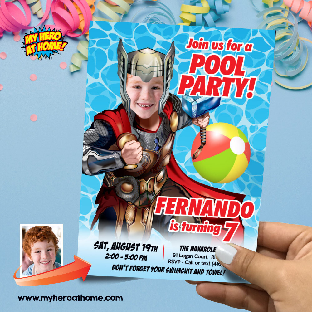 Thor Pool Party Invitation template, Thor Invitation with photo, Pool Party Thor template, Thor Pool Party theme, Thor Splash party. 857