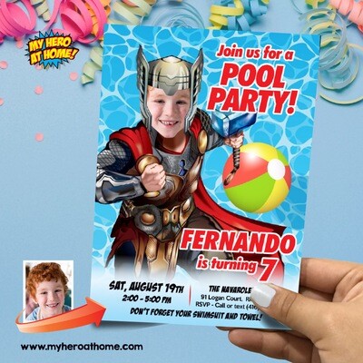 Thor Pool Party Invitation template, Thor Invitation with photo, Pool Party Thor template, Thor Pool Party theme, Thor Splash party. 857