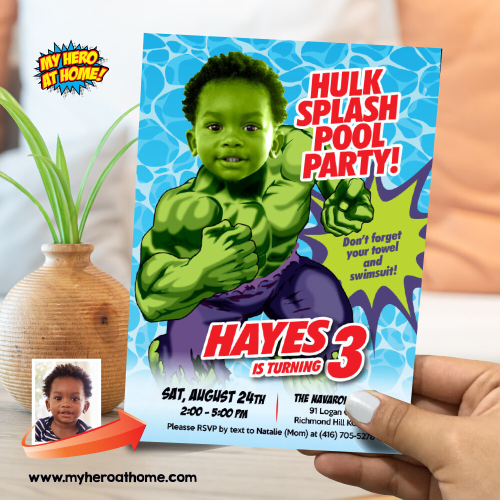 Hulk Splash Pool Party Invitation with photo, Custom Hulk Splash Party template, Hulk Water slide birthday invitation, Hulk Pool theme party. 858