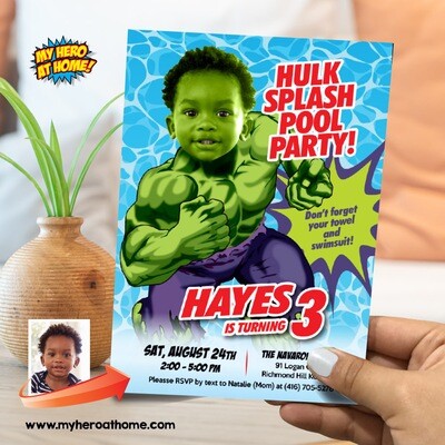 Hulk Splash Pool Party Invitation with photo, Custom Hulk Splash Party template, Hulk Water slide birthday invitation, Hulk Pool theme party. 858