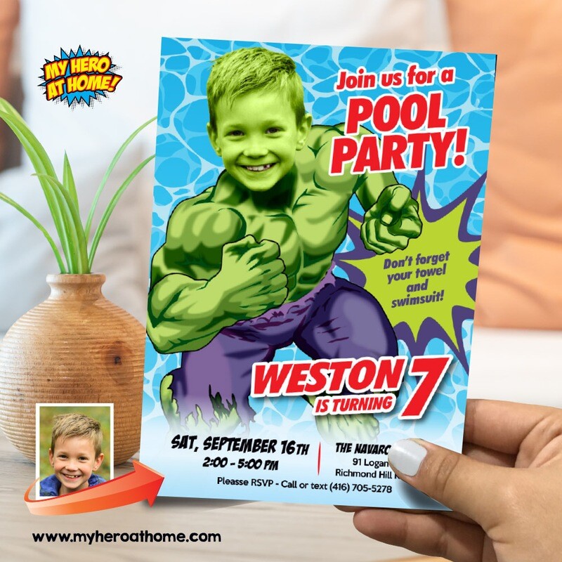 Hulk Pool Party Invitation, Hulk Pool Party template, Hulk splash party, Hulk Water slide party, Hulk thank you, Hulk favor tags. 681