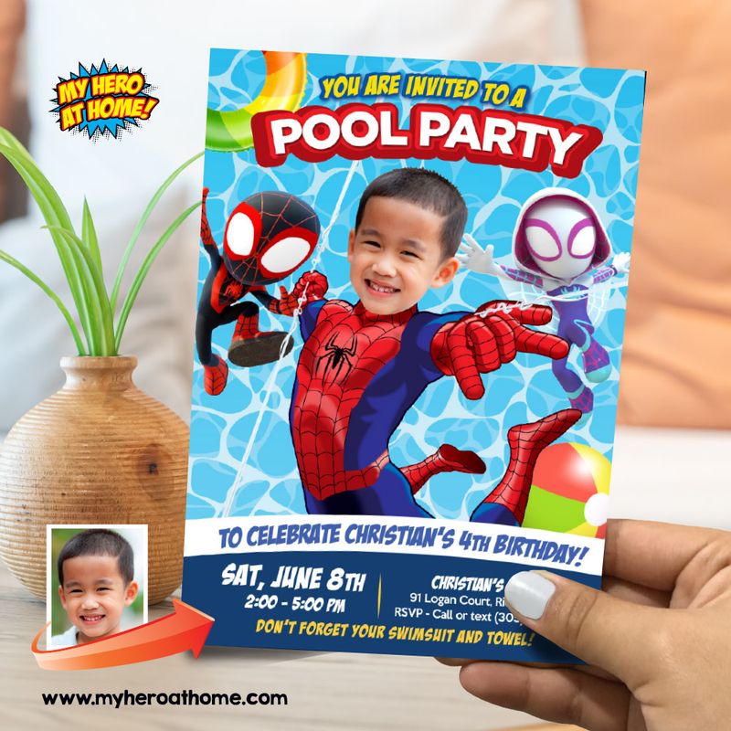 Spidey and his amazing friends Pool Party Invitation with photo, Spidey Pool party Invitation, Spidey Splash party invitation. 862