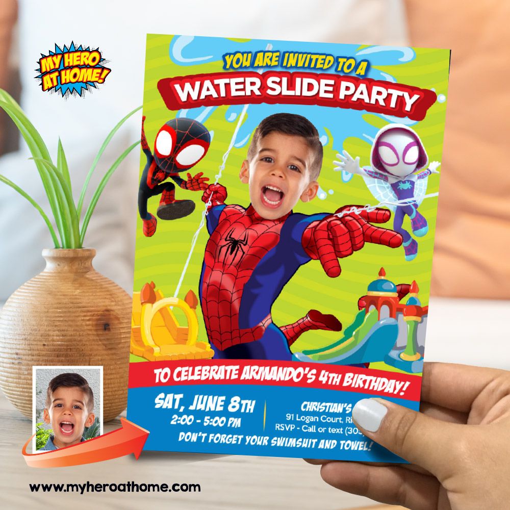 Spidey and his amazing friends Water Slide Party Invitation with photo, Spidey Water Slide party Invitation, Spidey Water Slide invitation. 863