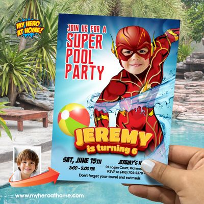 Flash Pool Party birthday Invitation with photo, Flash Water party invitation, Flash Splash Party invitation, Flash pool party thank you. 864