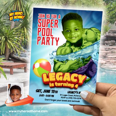 Pool Party Invitation themed Hulk, Pool Party template with photo, Hulk splash party invitation, Hulk Waterslide party, Hulk thank you. 865