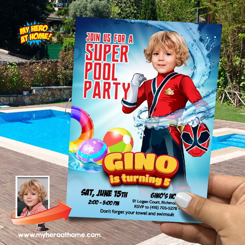 Power Rangers Pool Party template Invitation, Power Rangers Waterslide party, Power Rangers Splash Invitation. 872