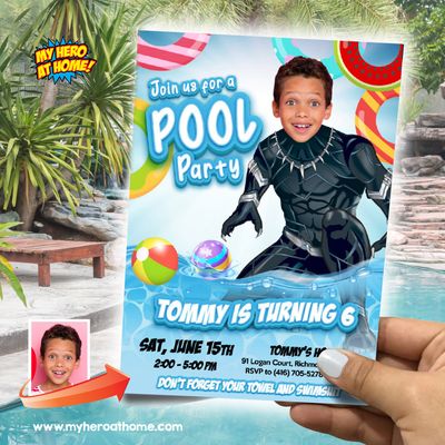 Black Panther Pool Party Invitation with photo, Pool Party Invitation themed Black Panther, Wakanda Pool Party themed. 866