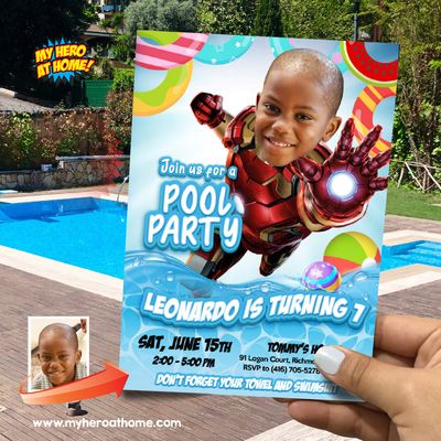 Iron Man Pool Party Invitation with photo, Pool Party Invitation themed Iron Man, Ironman Pool Party themed, Iron man Invitation. 869