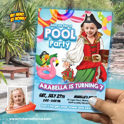 Pirate Girl Pool Party Birthday Invitation with photo, Girl Pool Party Invitation, Girl Pool Party template, Pirates Girl Party Invite. 877