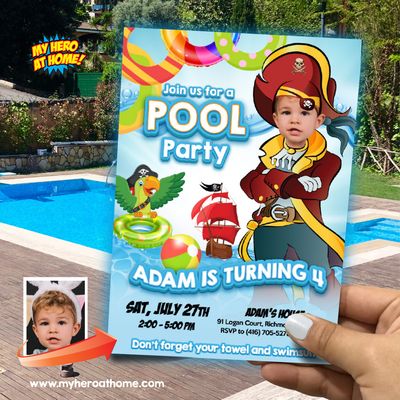 Pirate Pool Party Birthday Invitation with photo, Kids Pool Party Invitation, Boy Pool Party template, Pirates Invitation template. 876