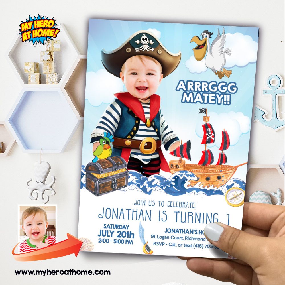 Baby Pirate party Invitation with photo, Pirate 1st Party Invitation, Pirate 1st birthday Invitation, Baby Pirates theme party. 879