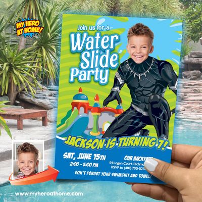 Black Panther Water Slide Party Invitation with photo, Black Panther Water Slide birthday party Invitation, Wakanda Water Slide invite. 868