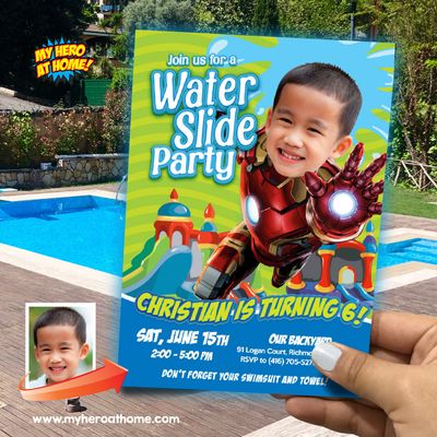 Iron Man Water Slide Party Invitation with photo, Iron Man Water Slide birthday party Invitation, Ironman Waterslide template invitation. 871