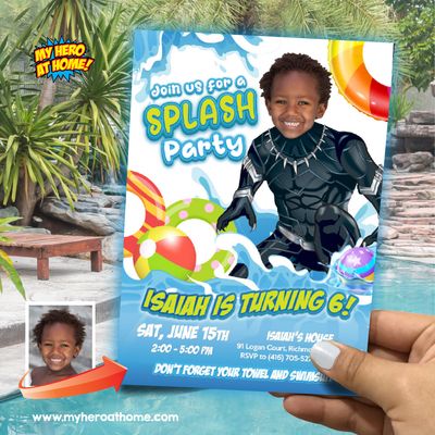 Black Panther Splash Party Invitation with photo, Splash Party Invitation themed Black Panther, Wakanda Splash Party invitation. 867