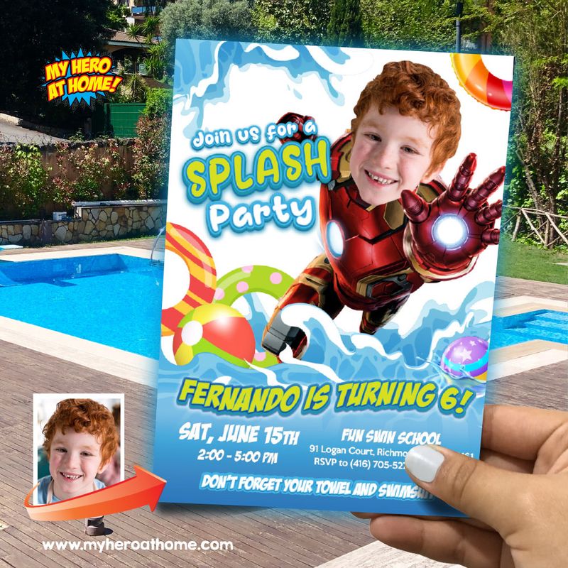 Ironman Splash Party Invitation with photo, Ironman Splash birthday party Invitation, Ironman Splash template invitation, Ironman evite. 870