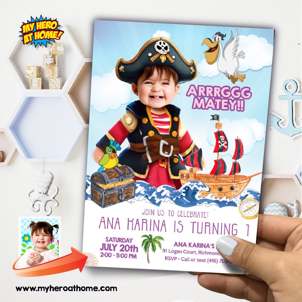Baby Girl Pirate party Invitation with photo, Pirate Girl 1st Party Invitation, Pirate Girl 1st birthday Baby Girl Pirates theme party. 880