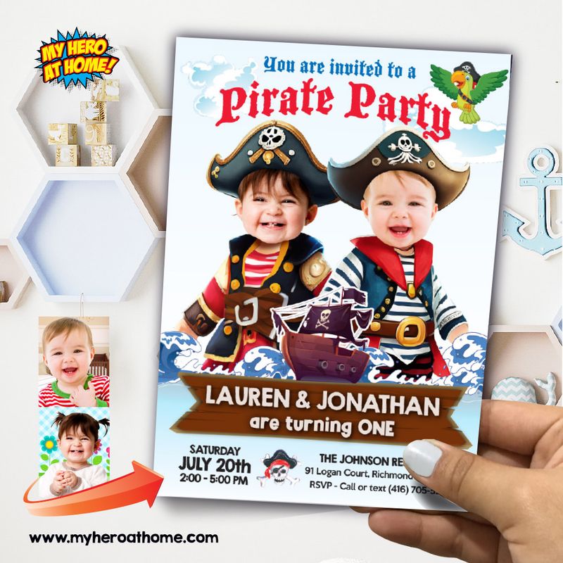 Joint Baby Pirates Birthday Invitation with photos, Pirates siblings 1st birthday invitation, Joint Pirates 1st party invitation. 891