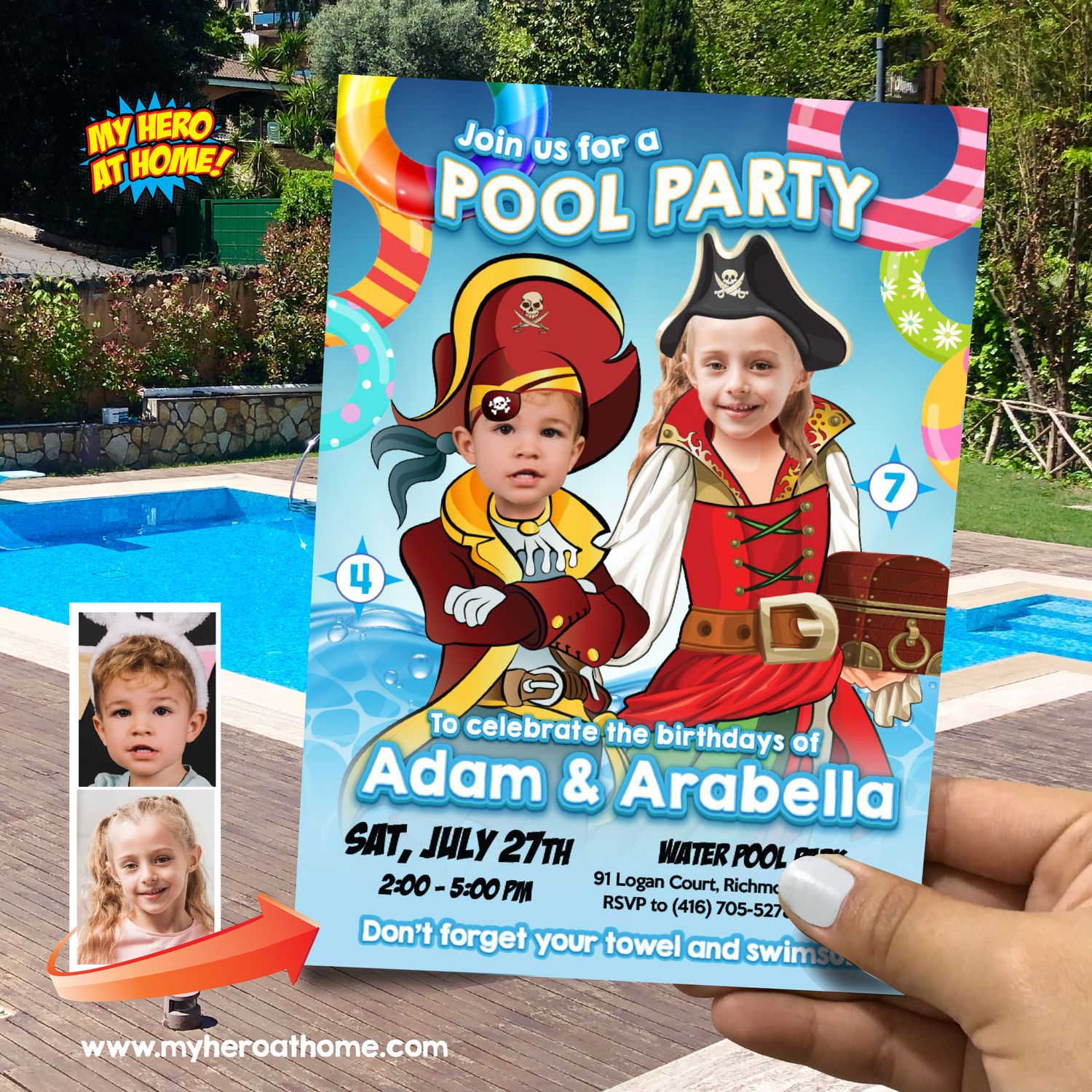 Joint Pirates Pool Party Invitation with photos, Pirates siblings birthday invitation, Joint Pirates Splash party invitation. 878