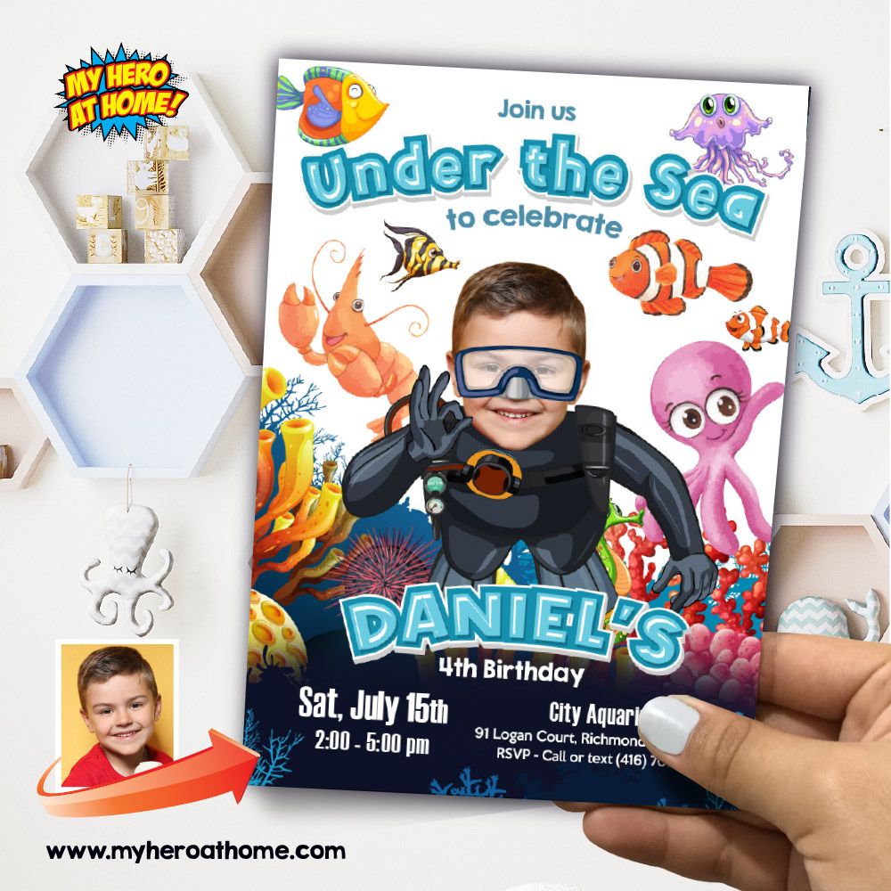 Under The Sea Birthday Invitation with photo, Under The Sea party Invitation, Under water party invitation, Under The Sea thank you. 882