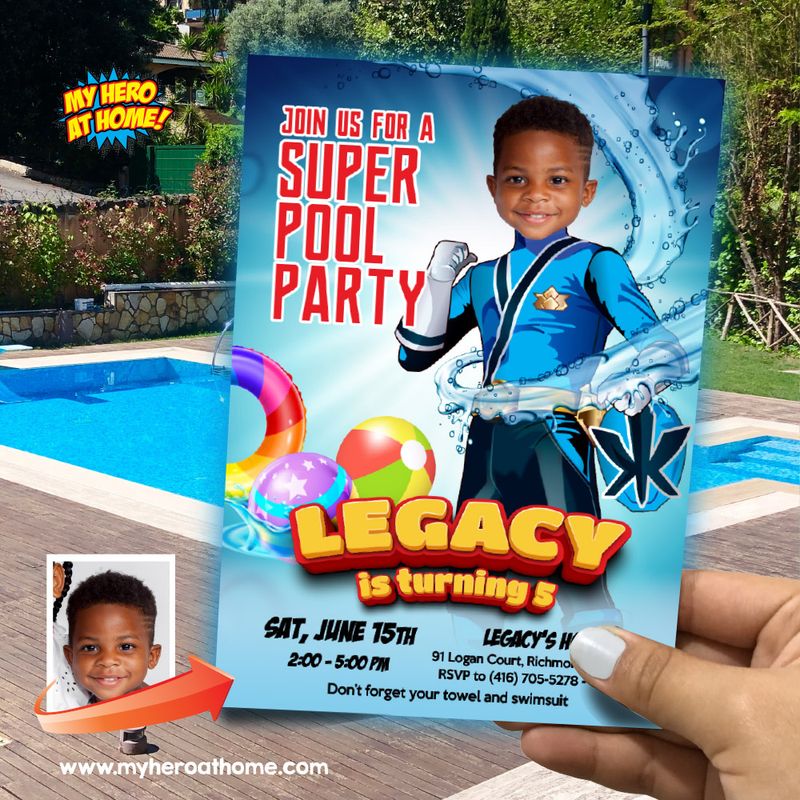 Blue Power Ranger Pool Party Invitation, Blue Power Ranger Waterslide party, Blue Power Ranger Splash Invitation. 873