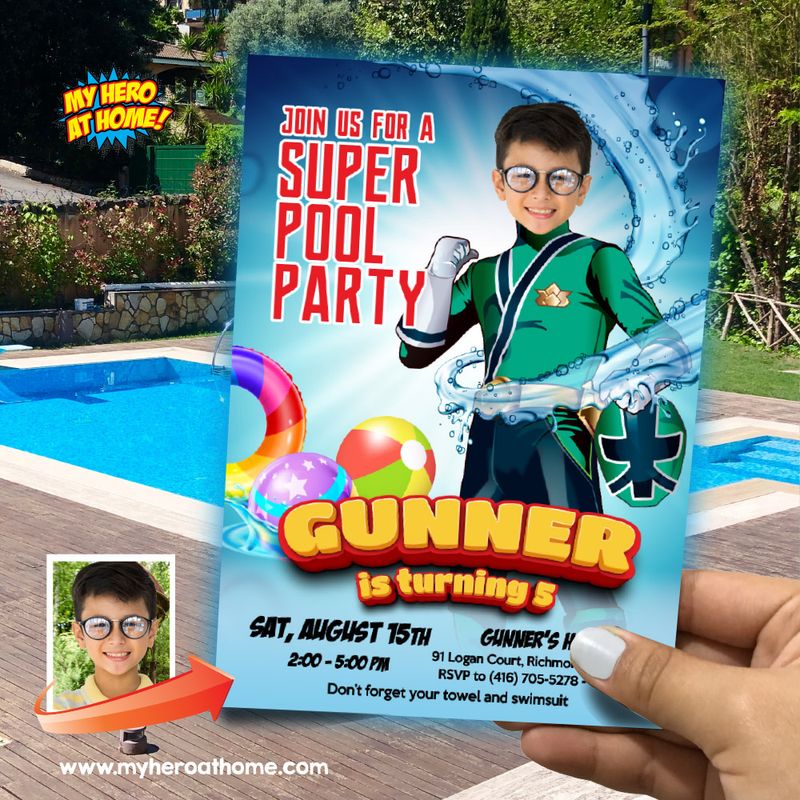 Green Power Ranger Pool Party Invitation, Green Power Ranger Waterslide party, Green Power Ranger Splash Invitation. 875