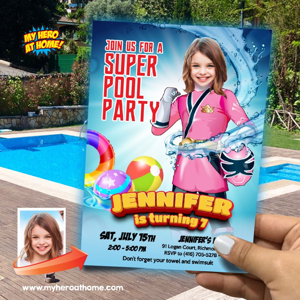 Pink Power Ranger Pool Party Invitation, Pink Power Ranger Waterslide party, Pink Power Ranger Splash Invitation. 874