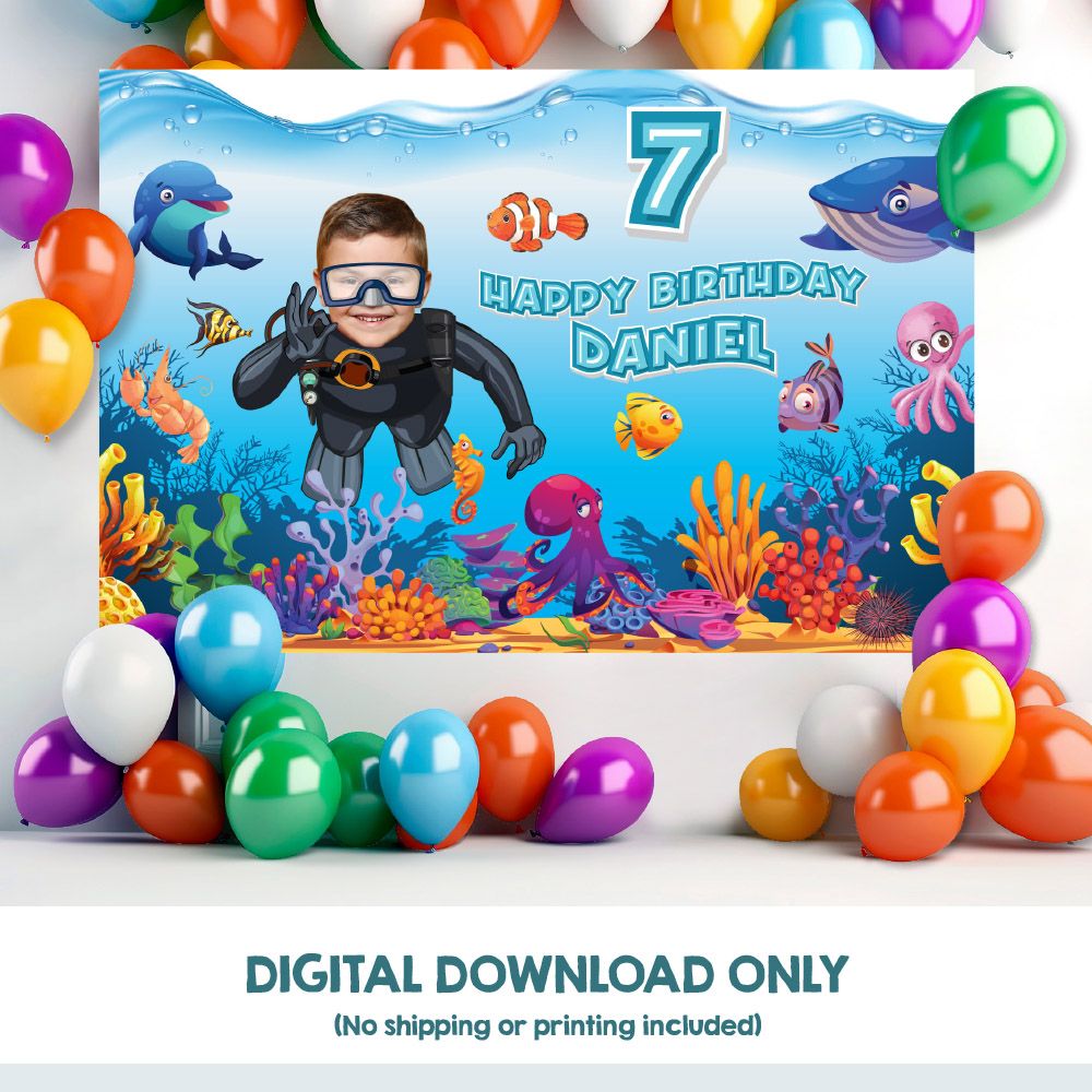 Under The Sea Banner with photo, Custom Under The Sea Birthday Backdrop, Sea animal under water Banner, Ocean Animals Party Banner. 889