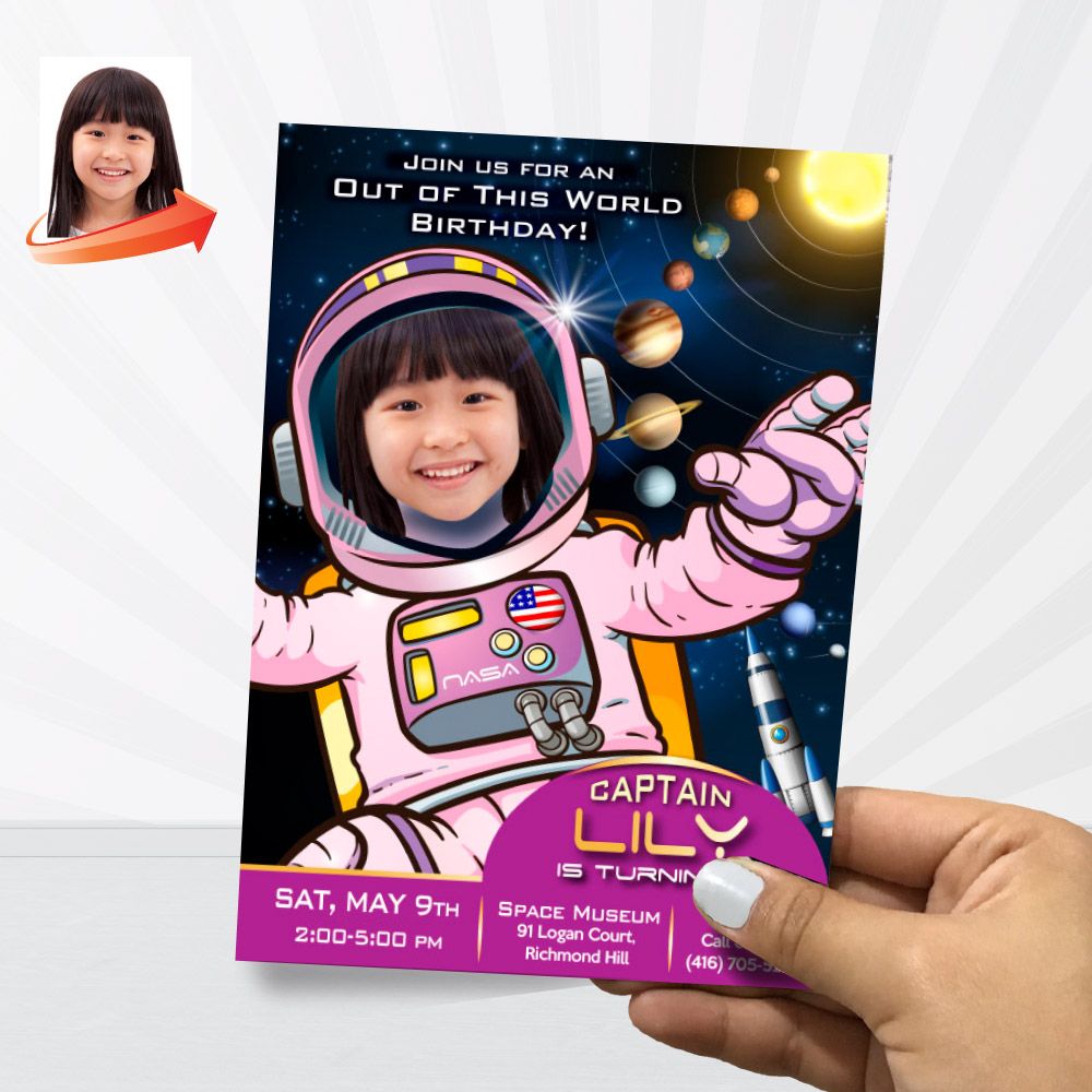 Girl Astronaut Birthday Invitation, Girl Astronaut Photo Invitation, Pink Astronaut Invitation, Space Girl Birthday, Astronaut party. 376