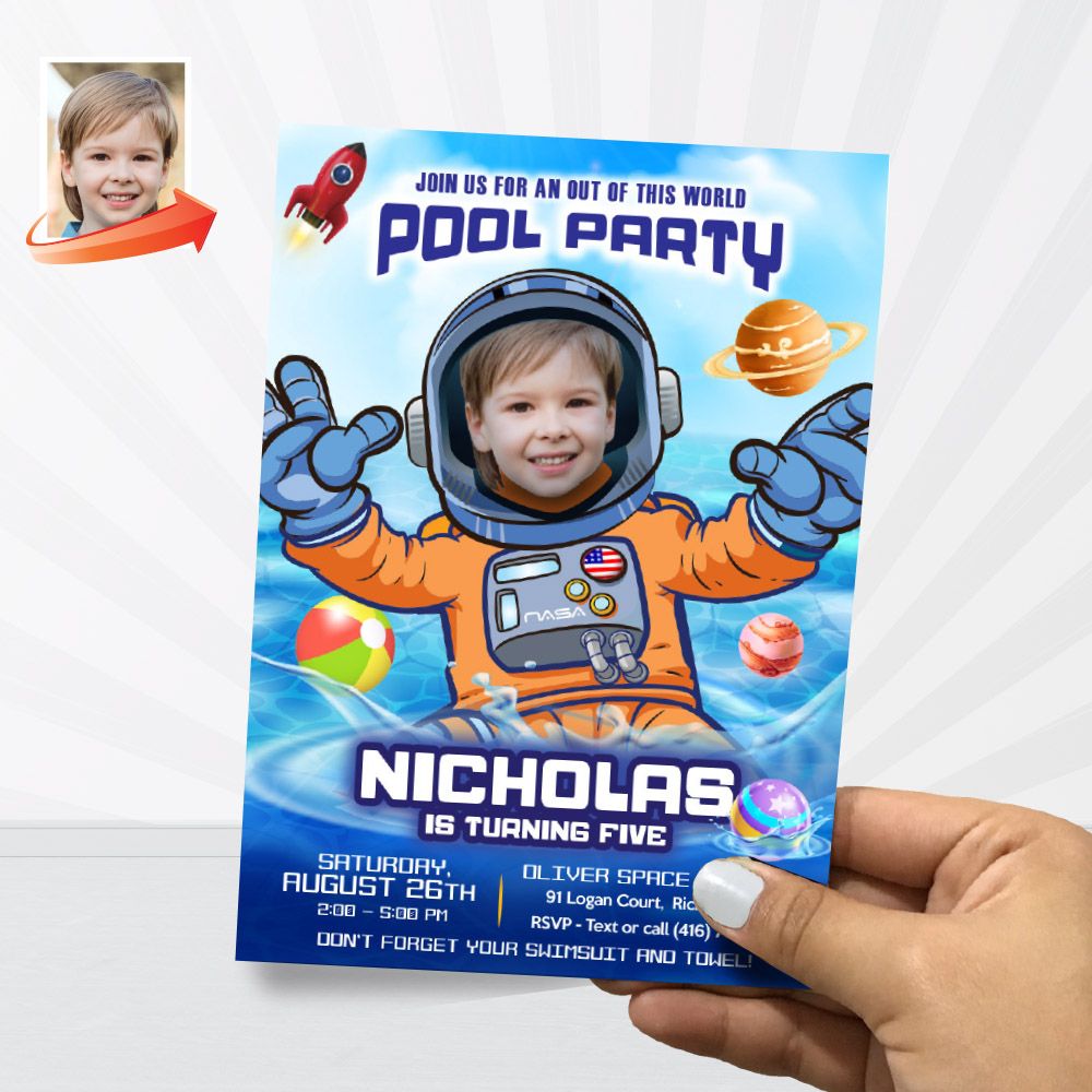 Astronaut Pool Party Invitation with photo, Pool Party Astronaut Bday, Astronaut Splash, Outer Space Pool Party, Astronaut Water Party. 733