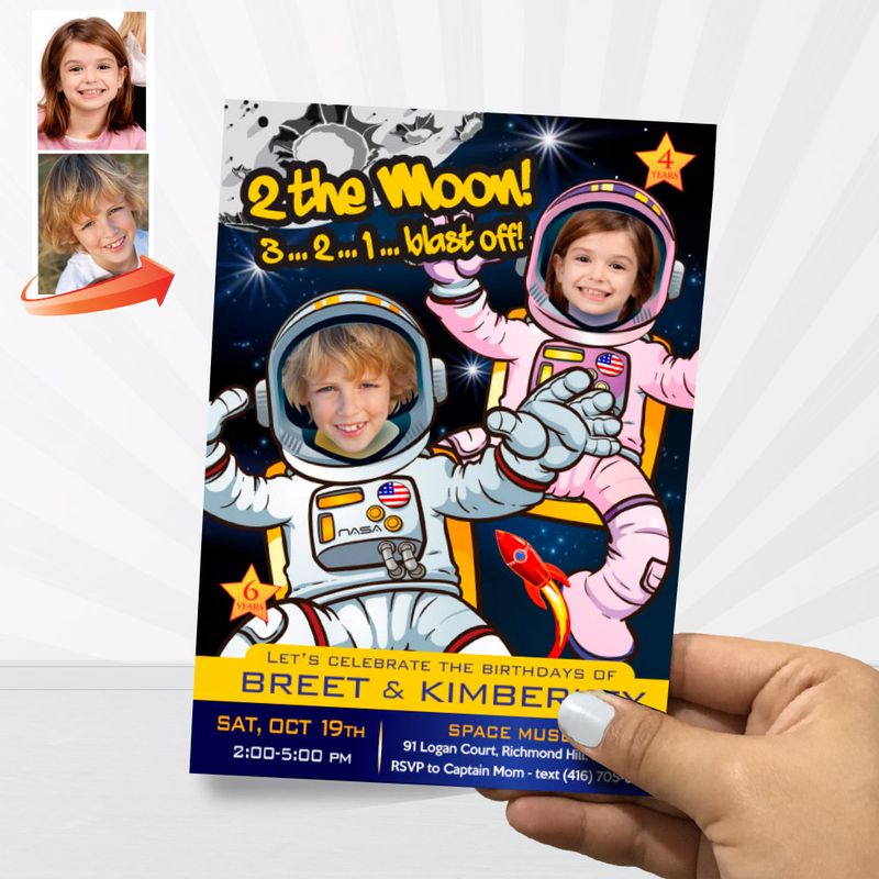 Joint Astronauts Birthday Invitation, Outer Space invitation, Astronauts Siblings Birthday, Boy and Girl Astronauts invitation. 388