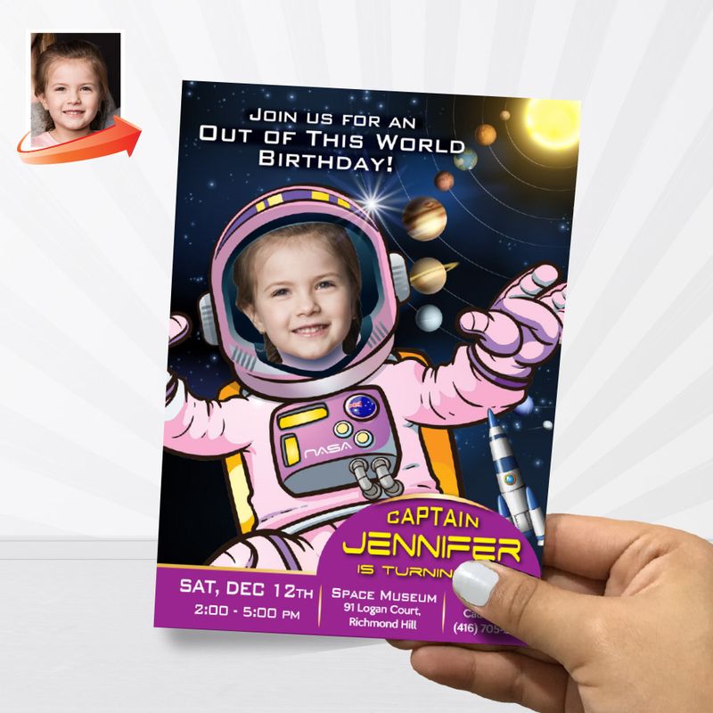 Girl Astronaut photo Invitation, Girl Astronaut Invitation, Out of this world birthday, Outer Space Invitation, Astronaut Thank you. 376C