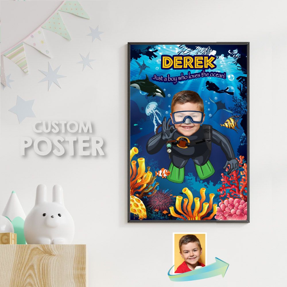 Under the Sea Poster with photo, Custom Under the Sea Gifts, Kid Scuba Diving Poster, Under the Sea decor, Under the Sea  Wall decor. 632