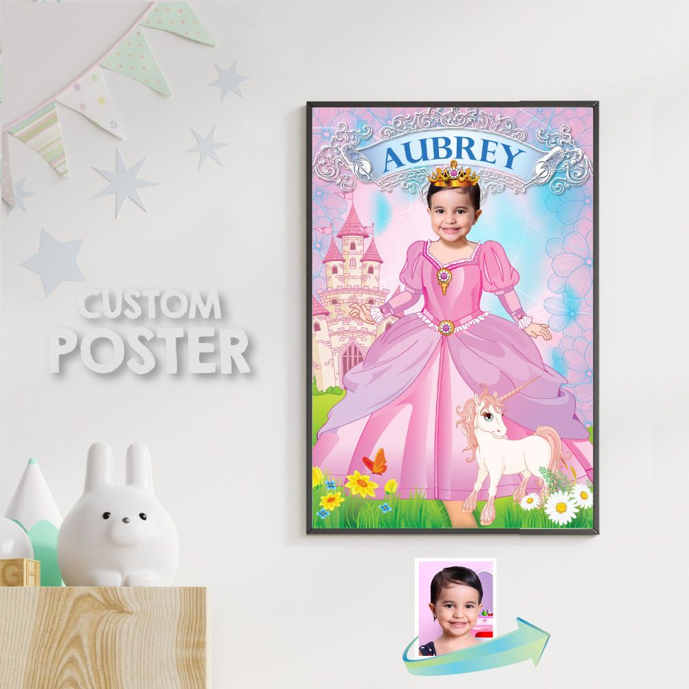 Princess Poster with photo, Custom Pink Princess Poster, Princess and Unicorn Poster, Personalized Princess Gifts, Princess backdrop. 514