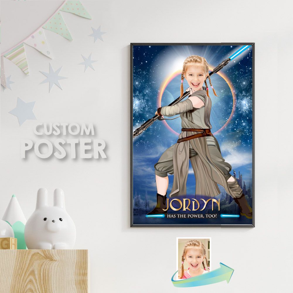 Jedi Rey Poster with photo, Girl Star Wars Poster, Jedi Rey Decor, Star Wars Poster for girls, Jedi Rey Gifts, Jedi Rey theme party.  360