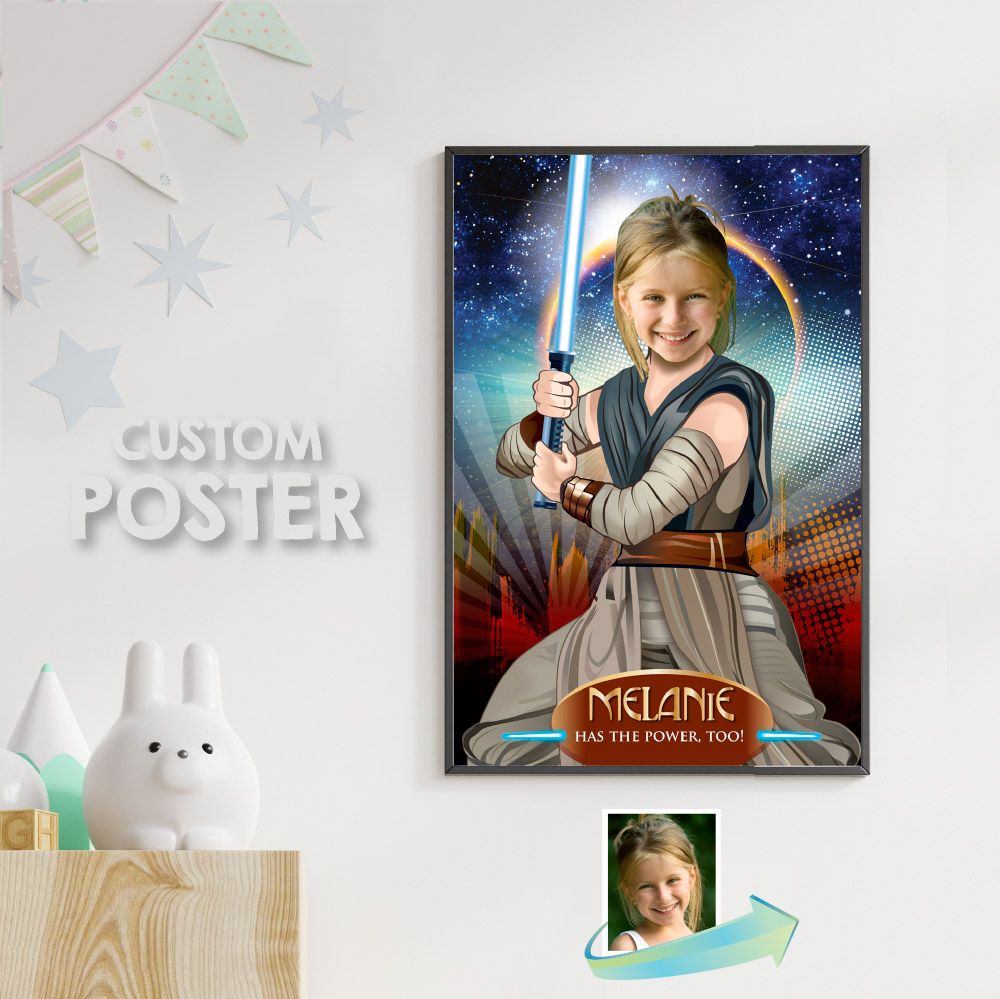 Star Wars Jedi Rey Poster with photo, Girl Star Wars decor, Jedi Rey flyer, Jedi Rey Gifts with photo, Jedi Rey party decor, Jedi Rey template. 361