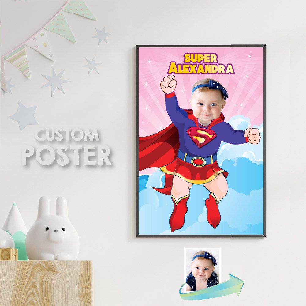 Baby Supergirl Photo Poster, Baby Supergirl gift with photo, Baby Super girl Room Decor, Baby Super girl Decoration. 397