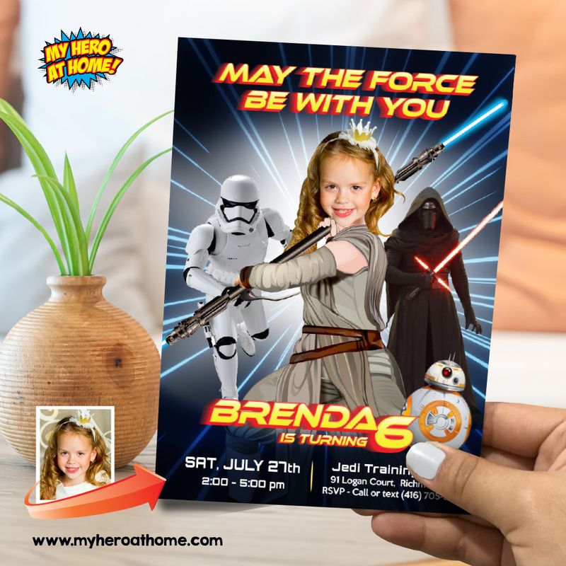 May the Force Party invitation with Jedi Rey, Jedi Rey birthday Invitation with photo, Jedi Rey May the Force themed birthday template. 829