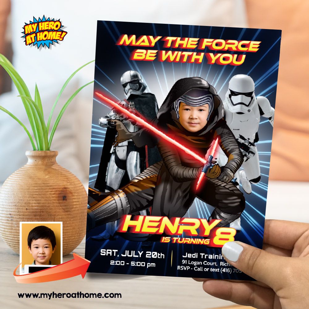 Kylo Ren May the Force Party invitation with photo, Kylo Ren birthday Invitation with photo, May the Force Kylo Ren template. 833