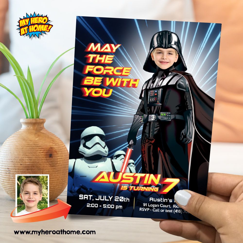 Dark Side May the Force Party invitation with photo, Darth Vader birthday Invitation, Star Wars May the Force Darth Vader template. 831