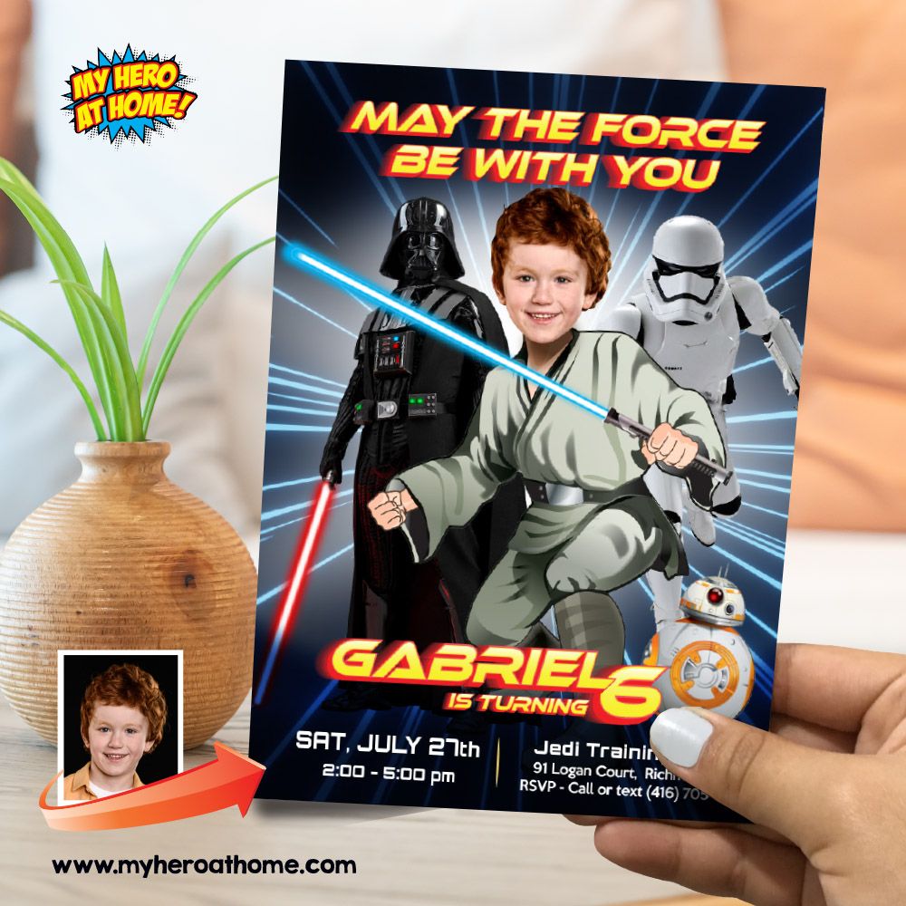 May the Force Party invitation with photo, Jedi birthday Invitation with photo, Star Wars May the Force themed birthday template. 828