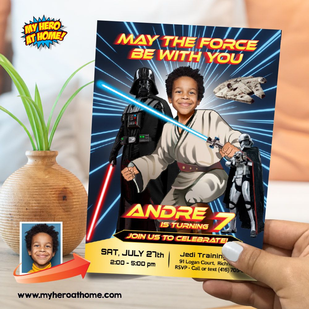 May the Force party invitation, May the Force birthday invitation, Jedi birthday Invitation with photo, Star Wars May the Force Party. 825